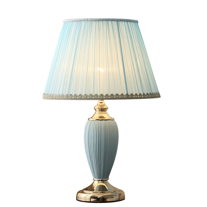 Traditional European Pleated Fabric Shade Ceramic Column Base 1-Light Table Lamp For Study Lumendat