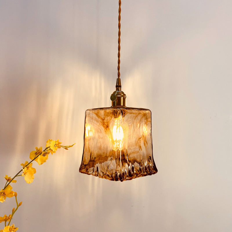 Traditional Vintage Amber Square Glass Brass 1-light Pendant Light for Living Room BulbSquare