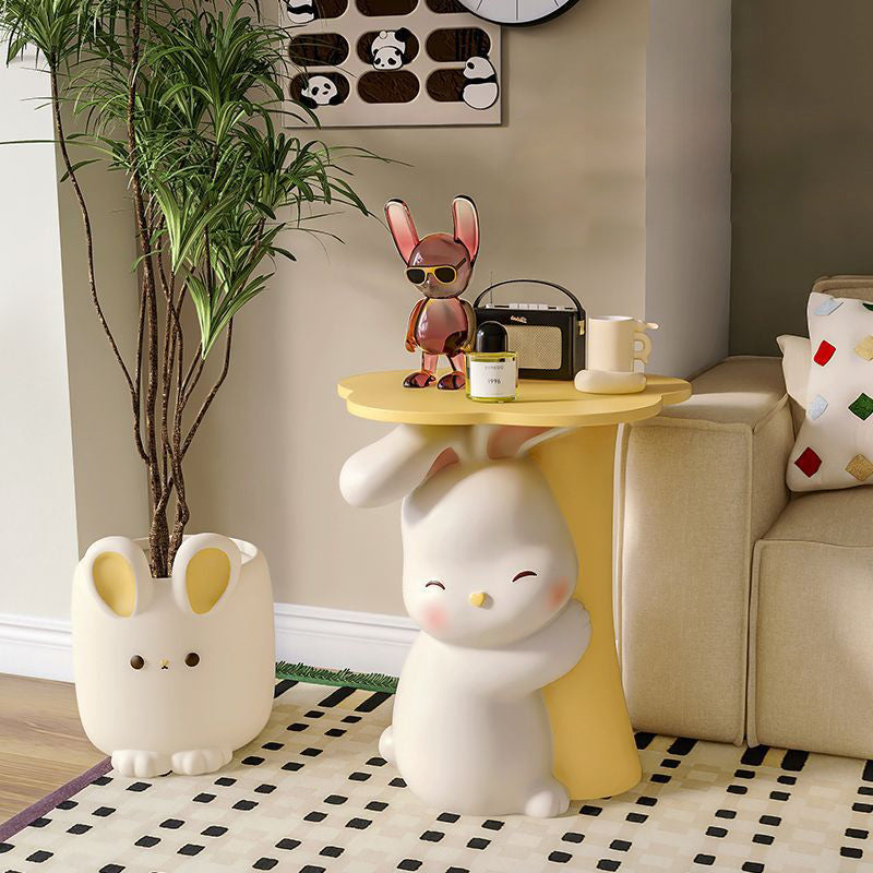 Lumendat Contemporary Creative Kids Flower Rabbit Resin Wood End Table 1-Tray For Bedroom Lumendat