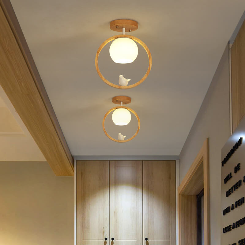 Modern Japanese Minimalist Log Bird Round 1-Light Semi-Flush Mount Ceiling Light Lumendat