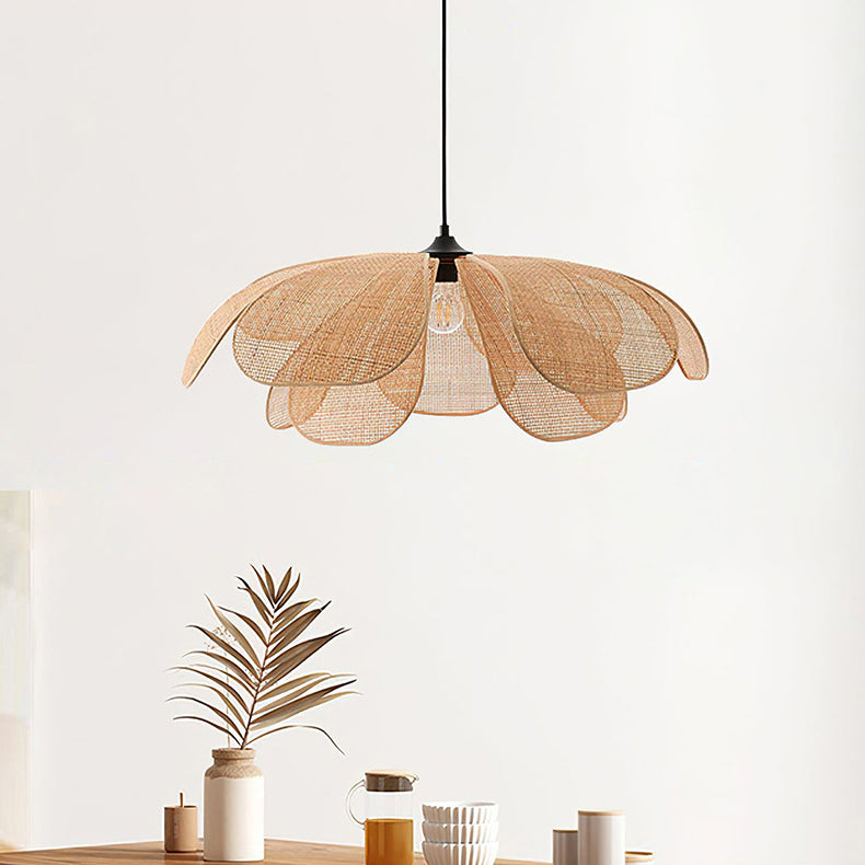 Traditional Japanese Rattan Weaving Petal Shape 1-light Pendant for Living Room