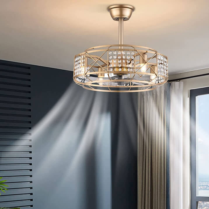 Modern Luxury Gold Drum Crystal 4-Light Downrods Ceiling Fan Light