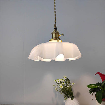 Traditional Japanese Cream Petal Glass Iron 1-Light Pendant Light For Dining Room