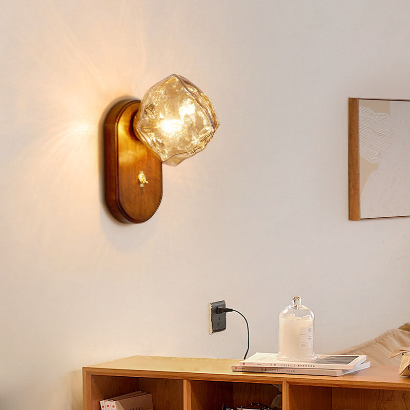 Traditional Japanese Oval Ice Cube Shape Solid Wood Glass 1-Light Wall Sconce Lamp For Bedroom Lumendat