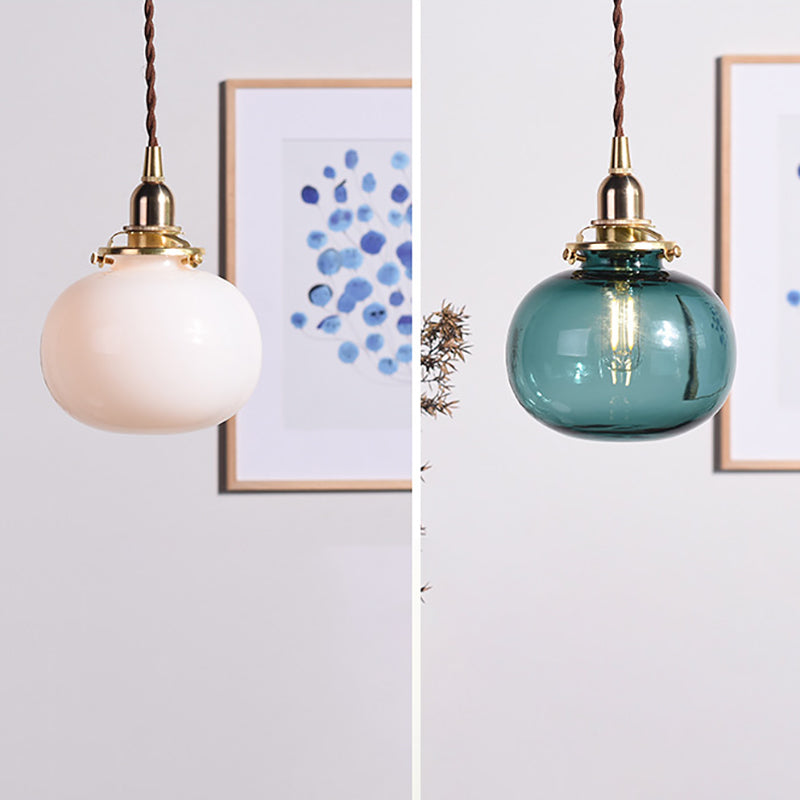 Traditional Japanese Brass Glass Pumpkin Shade 1-light Pendant Light for Living Room