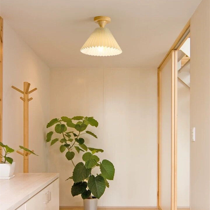 Japanese Simple Log Pleated Umbrella Cone 1-light Semi-flush Mount Ceiling Light