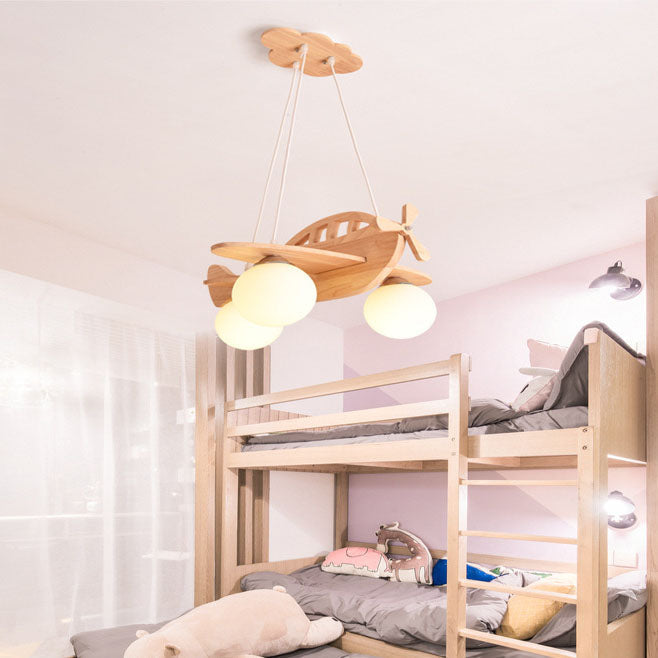 Lumendat Contemporary Creative Rubberwood Aircraft Design Glass 3-Light Kids Chandelier For Bedroom Lumendat