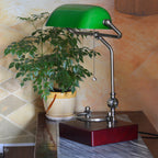 Traditional Vintage Square Green Shade Glass Solid Wood Iron 1-Light Table Lamp For Living Room Lumendat