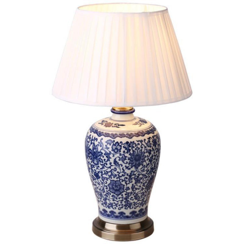 Traditional Chinese Ceramic Fabric Electroplated Antique Brass Finish Vase Cone 1-Light Table Lamp For Home Office Lumendat