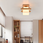 Traditional Japanese Wood Frame Glass Column 1-light Semi-flush Mount Ceiling Light for Living Room