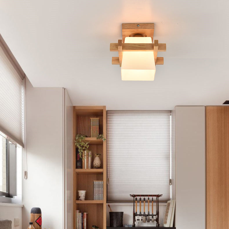 Traditional Japanese Wood Frame Glass Column 1-light Semi-flush Mount Ceiling Light for Living Room