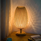 Traditional Chinese Moso Bamboo Wood Iron Weaving Oval Round 1-Light Table Lamp For Bedroom Lumendat
