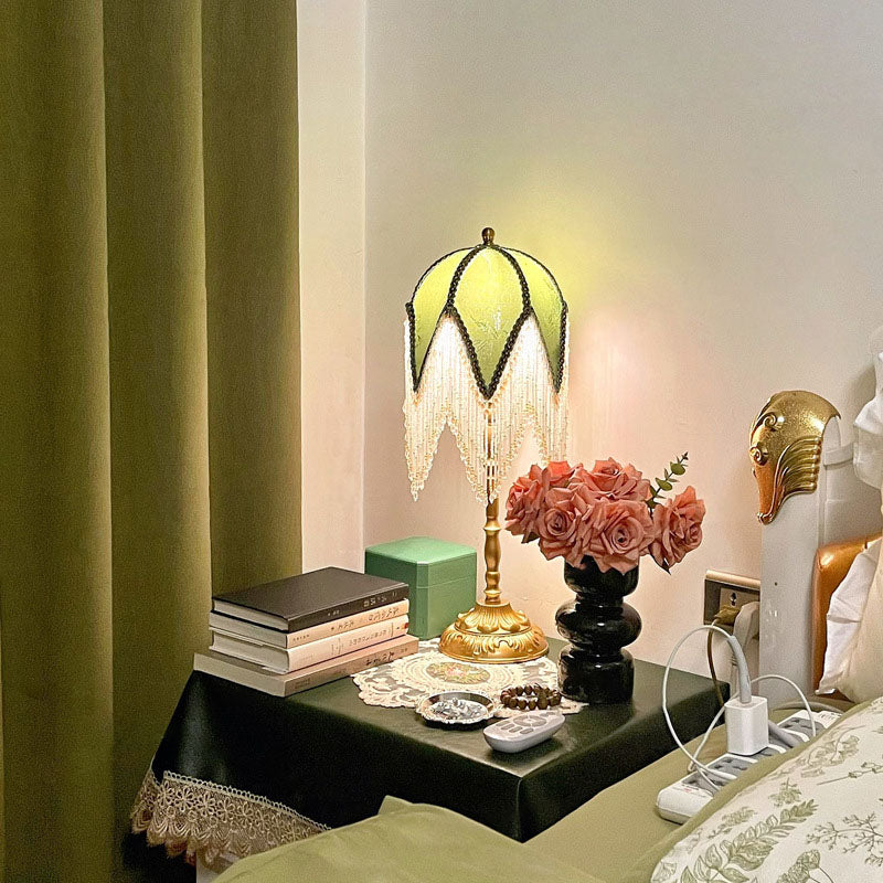 Traditional French Tassel Leaf Iron Fabric 1-Light Table Lamp For Bedroom Lumendat