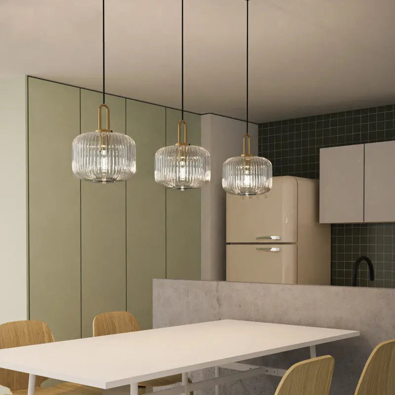 Contemporary Nordic Round Oval Pumpkin Stainless Steel Striped Glass 1-light Pendant Light for Living Room BulbSquare