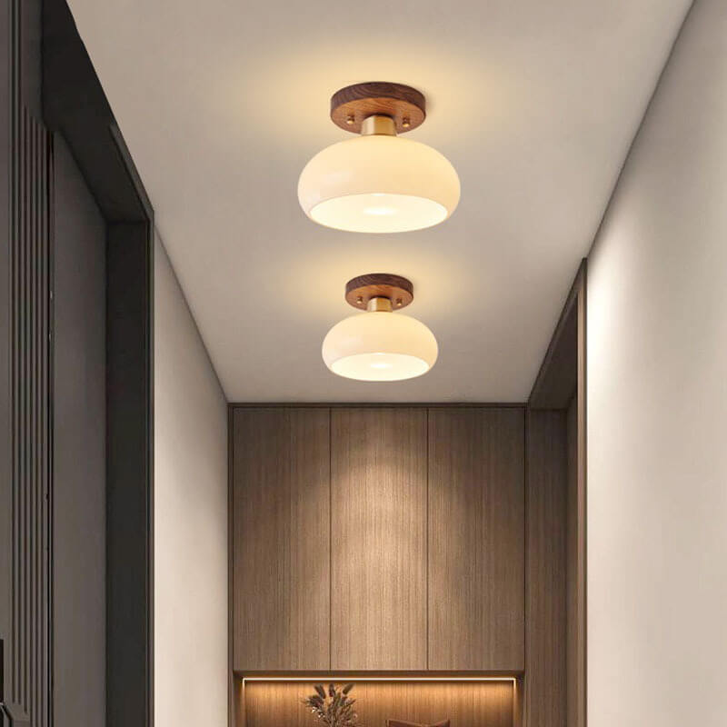Creative Vintage Walnut Brass Round 1-Light Semi-Flush Mount Ceiling Light Lumendat