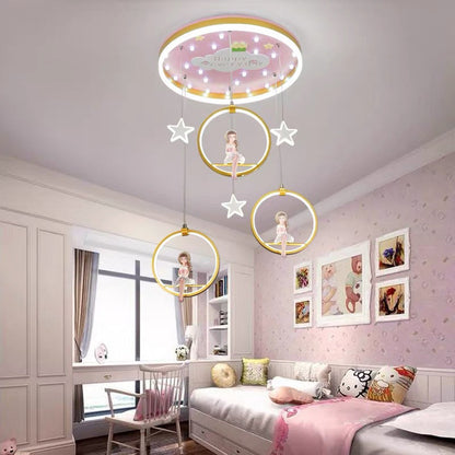 Modern Art Deco Round Astronaut Fairy Princess Acrylic Iron LED Flush Mount Ceiling Light for Bedroom
