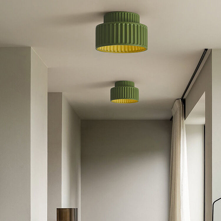 Contemporary Nordic Cream Style Hand Sculpted Stripes Resin Round 1-Light Flush Mount Ceiling Light For Entryway Lumendat