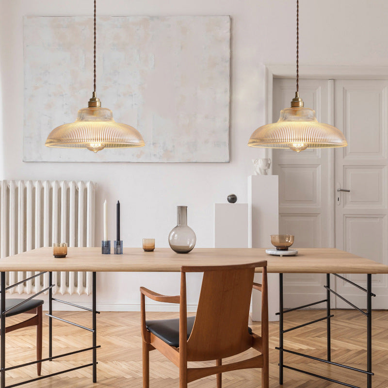 Traditional Vintage Ribbed Glass Disc Shade Brass 1-light Pendant for Living Room