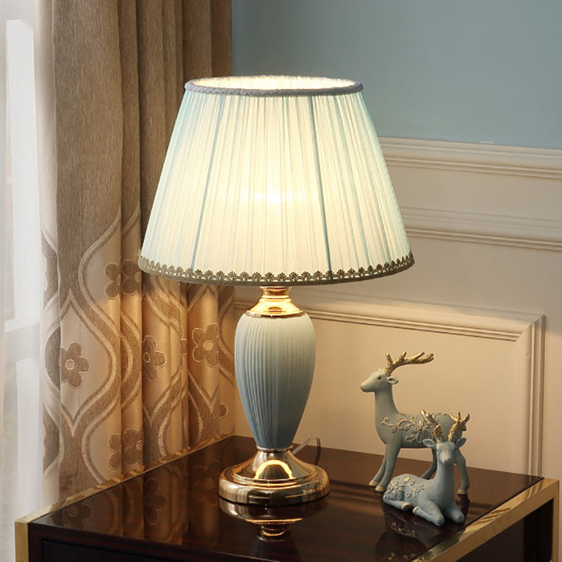Traditional European Pleated Fabric Shade Ceramic Column Base 1-Light Table Lamp For Study Lumendat