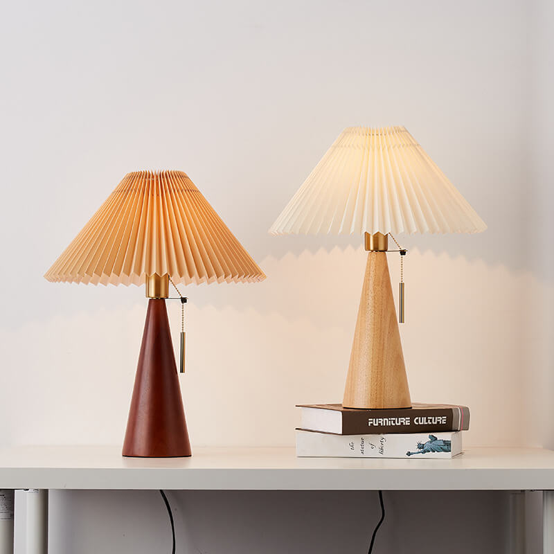 Japanese Minimalist Vintage Pleated Wooden Fabric LED Table Lamp Lumendat