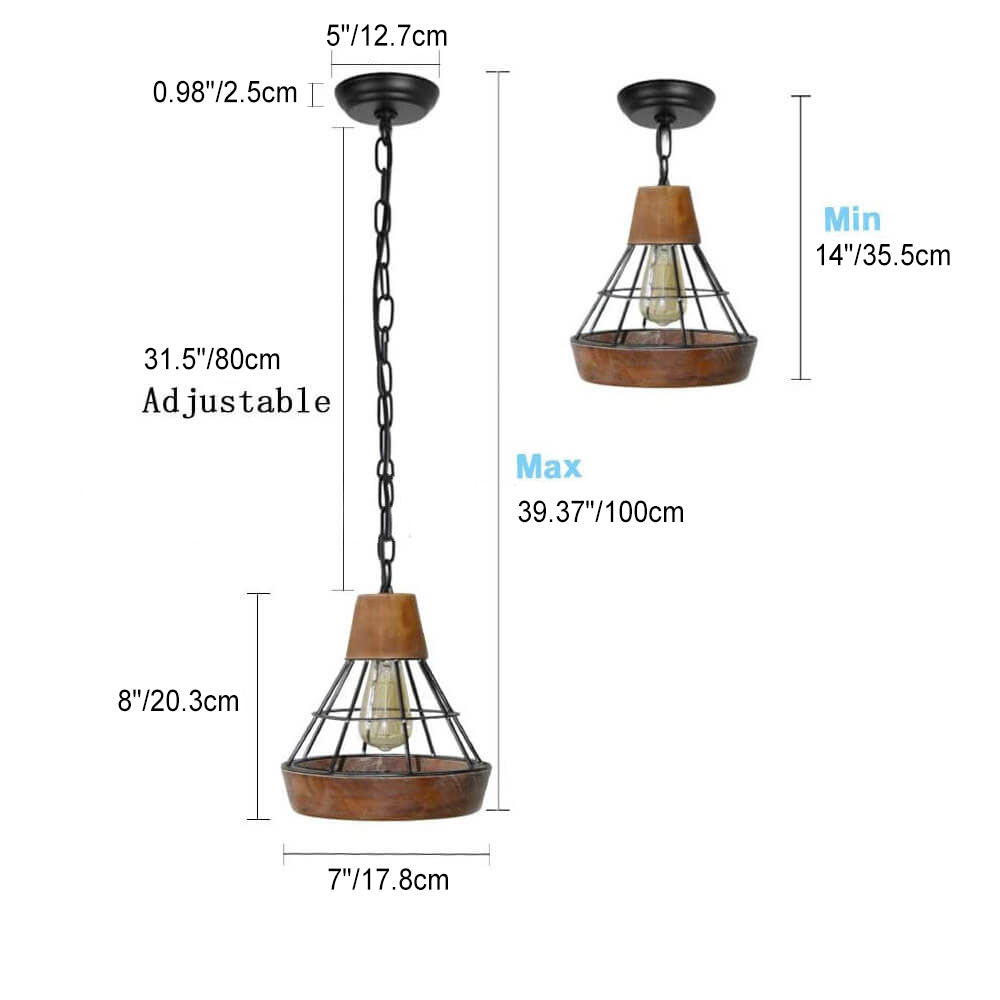 French Industrial Wrought Iron Wood Funnel Frame 1-Light Pendant Light