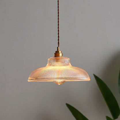 Traditional Vintage Ribbed Glass Disc Shade Brass 1-light Pendant for Living Room