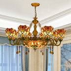 Traditional Tiffany Bead Dome Baroque Iron Glass Alloy 8/11 Light Chandeliers for Living Room BulbSquare