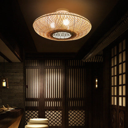 Japanese Bamboo Weaving Round Flying Saucer 3-light Semi-flush Mount Light
