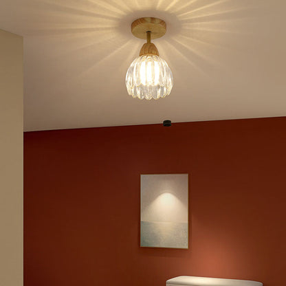 Japanese Vintage Wood Glass Cone Flower 1-light Semi-flush Mount Ceiling Light
