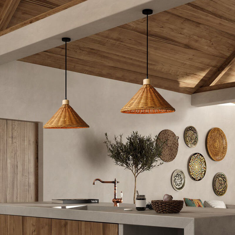 Vintage Wabi-sabi Rattan Weaving Cone 1-light Pendant Light