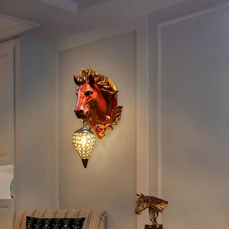 Modern Eclectic Resin Horse Head Decor Crystal Round Shade 1-Light Wall Sconce Lamp For Living Room Lumendat