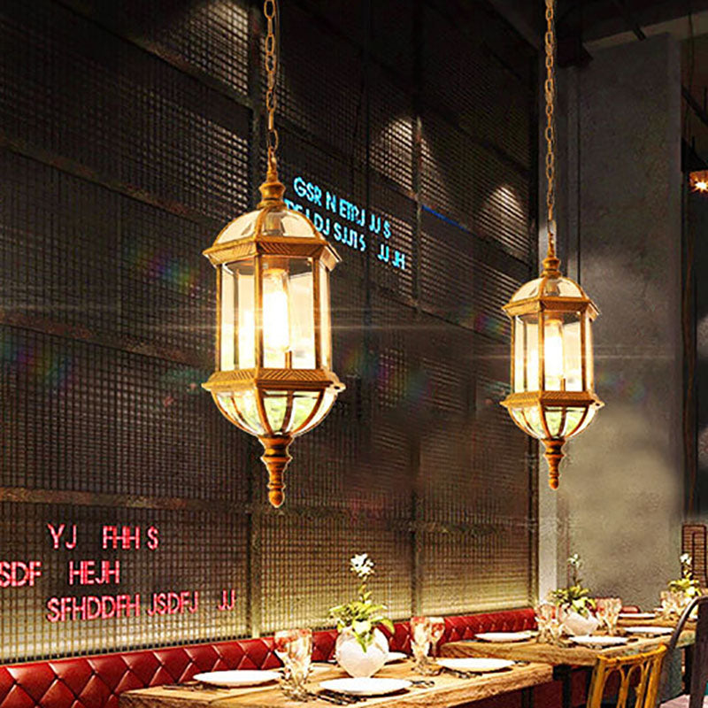Contemporary Retro Hexagonal Lantern Glass Aluminum 1-light Waterproof Pendant Light for Outdoor Patio BulbSquare