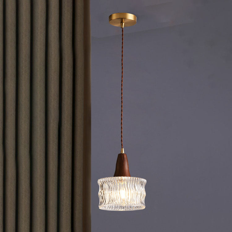 Modern Transitional Walnut Brass Round Glass Shade 1-light Pendant Light for Living Room