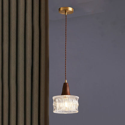 Modern Transitional Walnut Brass Round Glass Shade 1-light Pendant Light for Living Room