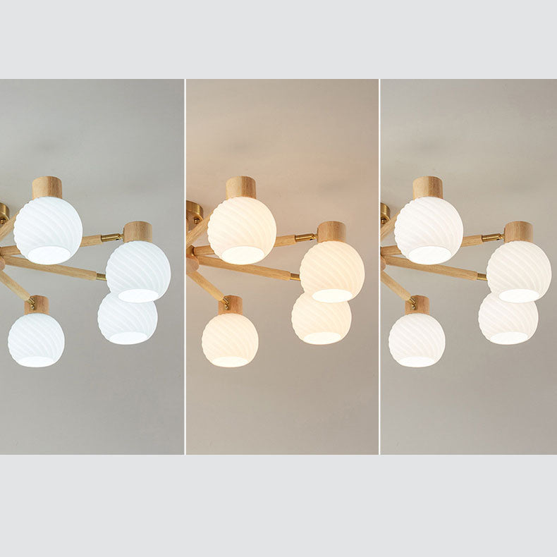 Traditional Japanese Wabi-sabi Rubberwood Hardware Glass 3/6/8-Light Flush Mount Lighting For Living Room Lumendat