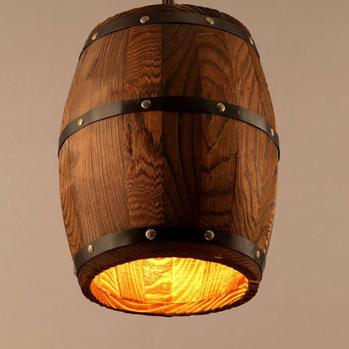 Traditional Rustic Round Wooden Wine Barrel 1-Light Single Barrel Pendant Light For Dining Room