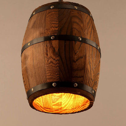 Traditional Rustic Round Wooden Wine Barrel 1-Light Single Barrel Pendant Light For Dining Room