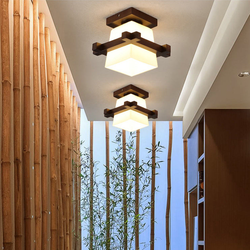 Traditional Japanese Wood Frame Glass Column 1-light Semi-flush Mount Ceiling Light for Living Room