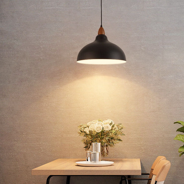 Japanese Simple Iron Dome Solid Wood Top 1-light Pendant Light BulbSquare