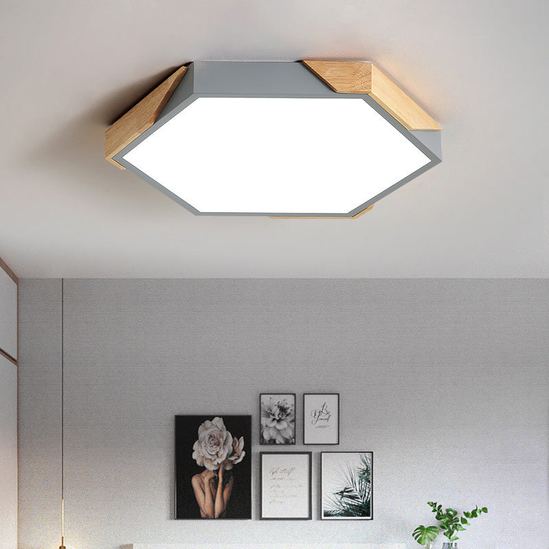 Contemporary Scandinavian Hexagonal Wood Grain Iron LED Flush Mount Ceiling Light for Bedroom