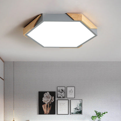 Contemporary Scandinavian Hexagonal Wood Grain Iron LED Flush Mount Ceiling Light for Bedroom