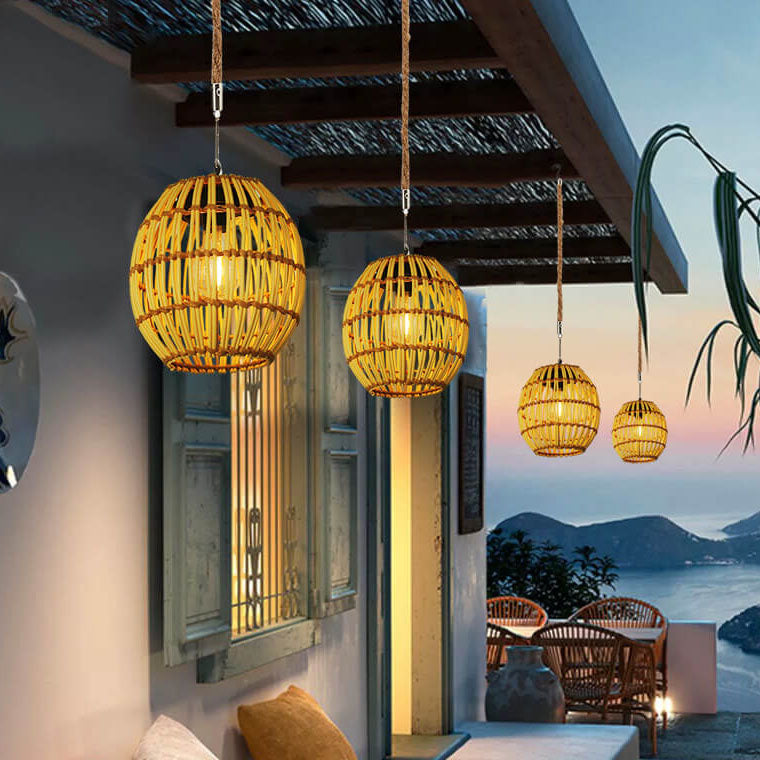 Traditional Vintage Rattan Weaving Cage LED Solar Waterproof Pendant Light for Outdoor Patio