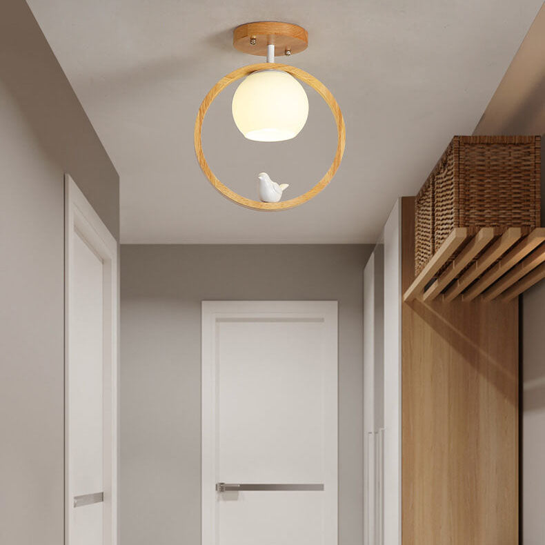 Modern Japanese Minimalist Log Bird Round 1-Light Semi-Flush Mount Ceiling Light Lumendat