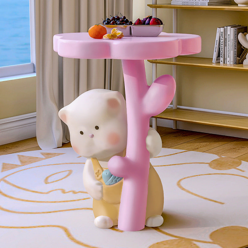 Lumendat Contemporary Creative Kids Cat Flower Resin End Table 1-Tray For Bedroom Lumendat