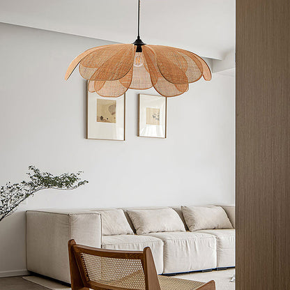 Traditional Japanese Rattan Weaving Petal Shape 1-light Pendant for Living Room