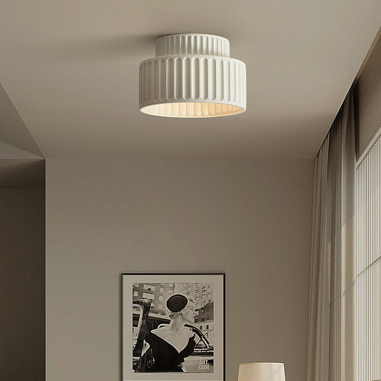 Contemporary Nordic Cream Style Hand Sculpted Stripes Resin Round 1-Light Flush Mount Ceiling Light For Entryway Lumendat