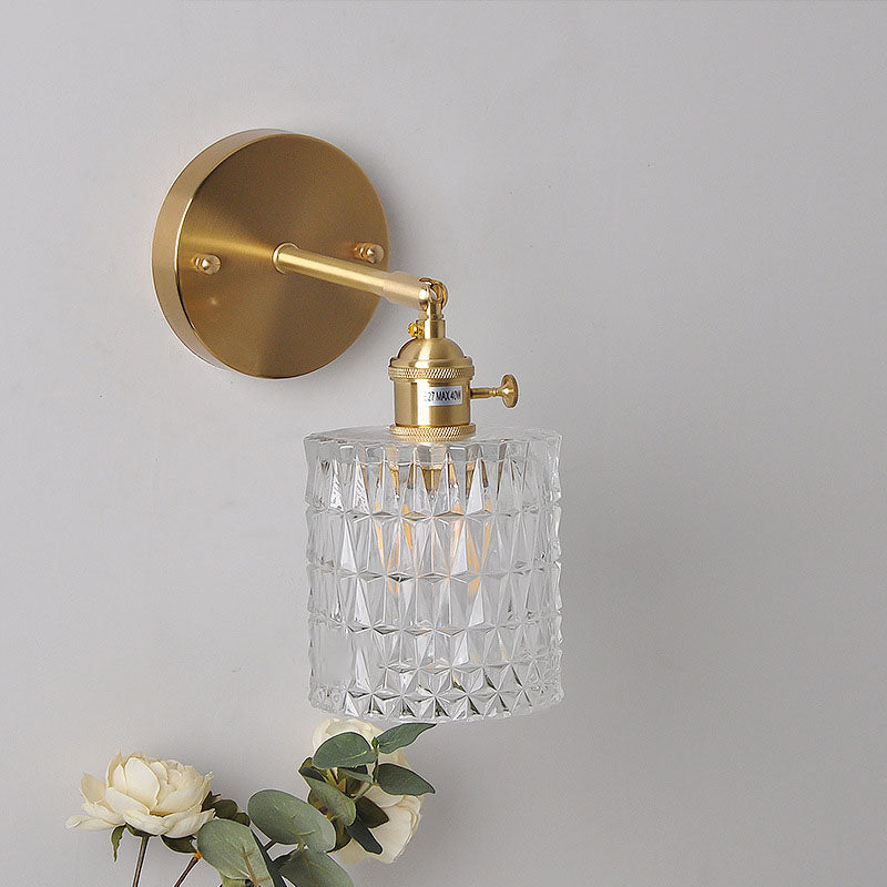 Japanese Vintage Brass Glass Cylinder 1-Light Wall Sconce Lamp Lumendat