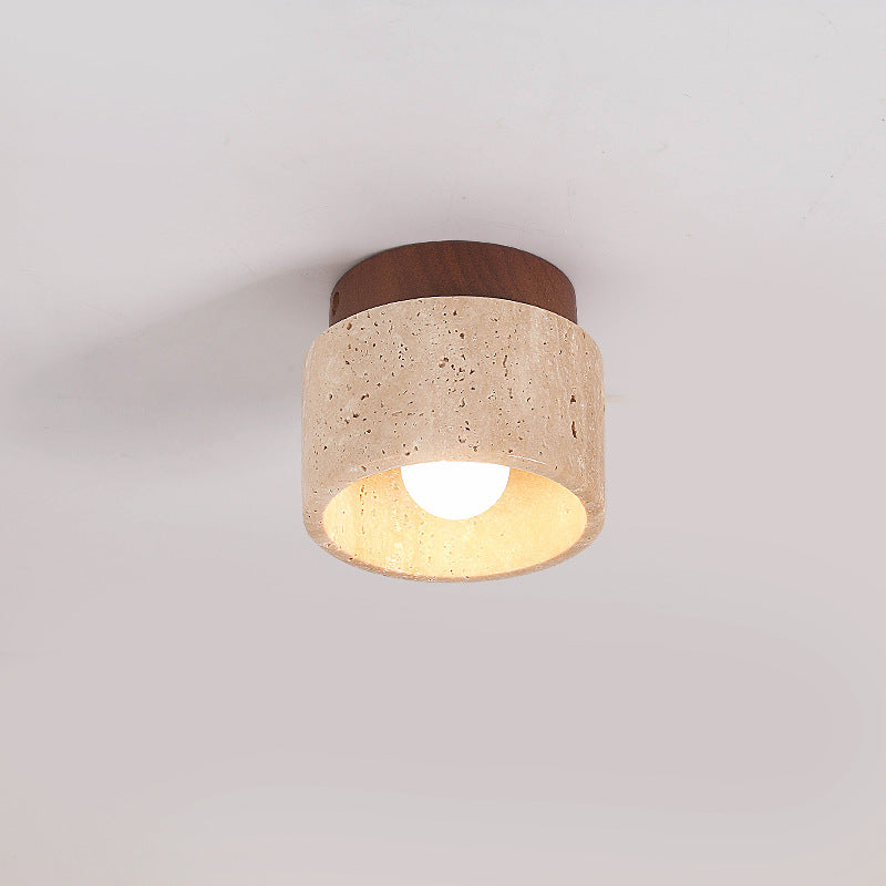 Japanese Wabi-Sabi Yellow Travertine Column Wood 1-Light Semi-Flush Mount Ceiling Light Lumendat