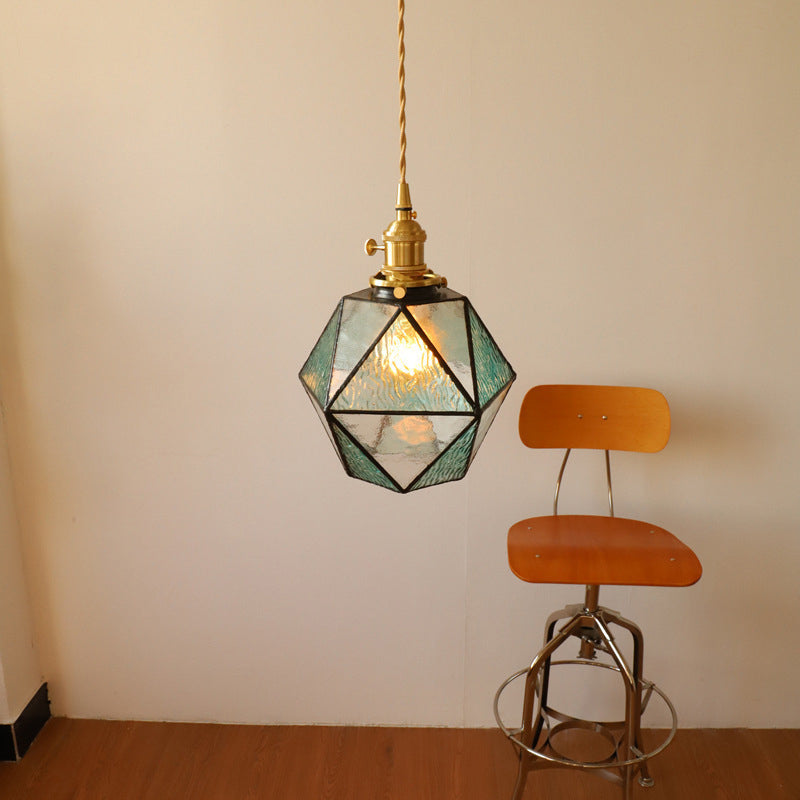 Traditional Vintage Polygonal Brass Stained Glass 1-light Pendant Light for Living Room