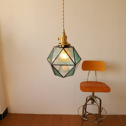 Traditional Vintage Polygonal Brass Stained Glass 1-light Pendant Light for Living Room